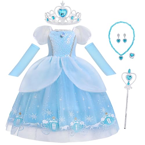 Berich Blue Princess Costume with Crown Princess Dress up World Book Day Costumes Halloween Christmas Outfits Girls Blue Dress 4-5 Years (Blue 120)
