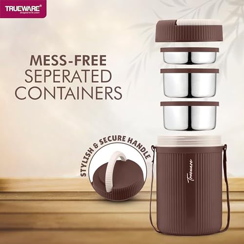 Image of Trueware Plastic GRUB 2 Double Wall Insulated Hot Lunch Box with 2 SS Container 300 Ml Each & 1 SS Container 200Ml | BPA Free | Food Grade | Hot and (LBI-GRB-002-Brown BAZ)