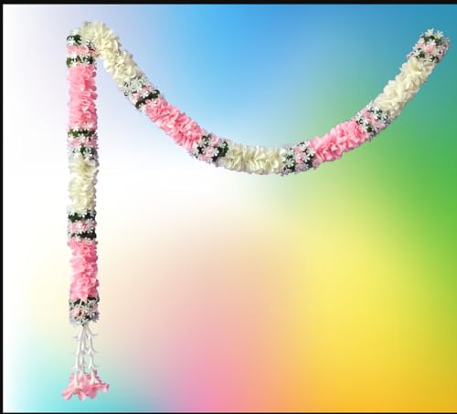 Image of Tia Crafts Artificial White Gajra Jasmine & Colourful Flower Strings Wedding Decorations, Event Decor Perfect Diwali, Ganpati & Pooja /Temple /Mandir Decoration, 5Ft (Baby Pink - 5Ft, 6, 5 Feet)