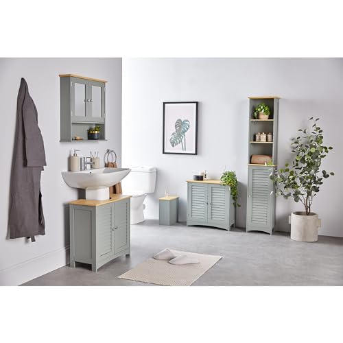VonHaus Under Sink Bathroom Cabinet – Grey Under Sink Storage for Bathroom with Wood Effect Top - Below Basin Cabinet with 2 Internal Shelves & Shutter Style Doors – Basin Cupboard – Shrewsbury