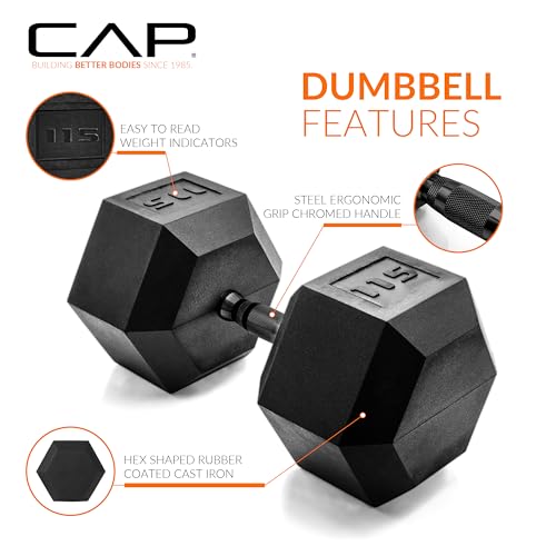Image of CAP Rubber Coated Dumbbell Weights, Free Weights for Home Gym Strength Training, Anti-Roll Hex Dumbbells with Black, Chrome & Comfort Grip Handles, Singles