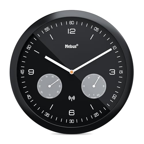 Mebus Funk-Wanduhr mit Thermometer und Hygrometer/Kunststoff/Rund/Modell: 52825 / Farbe: Schwarz, 26 cm