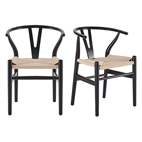 Farini Wishbone Chairs for Dining Room Solid Wood Rattan Chair Armchairs Y Shaped Backrest Hemp Seat for Home Restaurant Fully-Assembled(Set of 2,Black-Beige Seat) Cover
