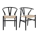 Farini Wishbone Chairs for Dining Room Solid Wood Rattan Chair Armchairs Y Shaped Backrest Hemp Seat for Home Restaurant Fully-Assembled(Set of 2,Black-Beige Seat)