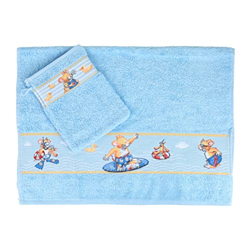 Leo Lausemaus Lot de 2 serviettes éponge pour enfant - Bleu - Avec serviette moelleuse et gant de toilette - Pour garçons et filles - Serviette de toilette 50 x 70 cm - Gant de toilette 16 x 21 cm Cover