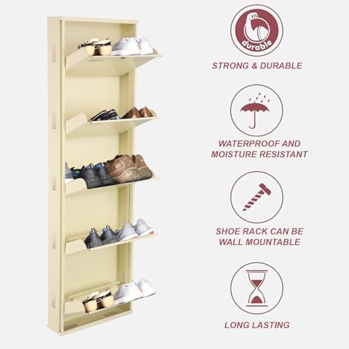 Image of Metal Shoe Rack Wall Mounted for Home with Central Locking | 5 Door 20 inch Wall Mounted Metal 10 Pair Shoe Rack Cabinet | Pre-Assembled Rack Shelves | 3 Year Warranty (Ivory)
