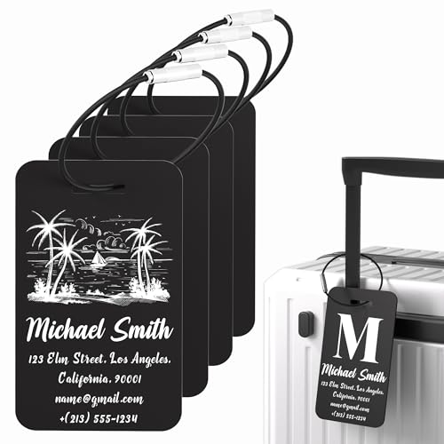 4 PCS Personalized Luggage Tags for Suitcase, Custom Engraved Aluminum Luggage Tags with Your Personalized Text Logo, Metal Name Tags with Steel Loop for Bag, Suitcase, Backpack (Black, Large)
