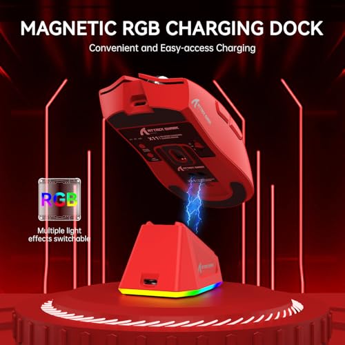 Image of ATTACK SHARK X11 Wireless Gaming Mouse, PAW3311 Sensor, Lightweight, RGB Charging Dock, 22,000 DPI, Tri-Mode Connectivity, 5 Programmable Buttons - Red