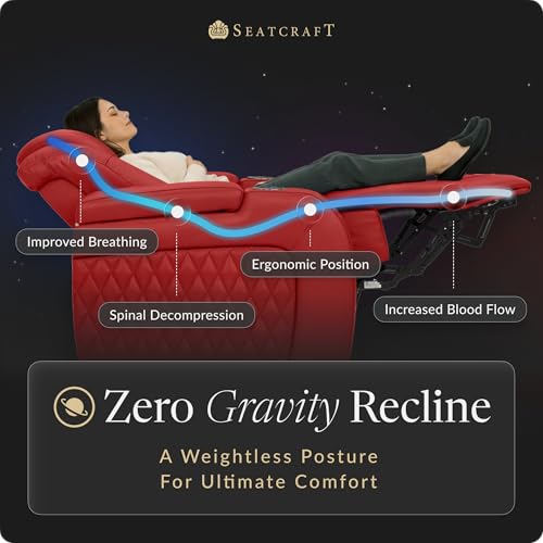 Image of Seatcraft Diamante Red Italian Leather Home Theater Seating, Zero Gravity Power Recliner Gaming and Home Office Chair, Powered Headrest Lounge Sofa Furniture for Cinema Room, Row of 4