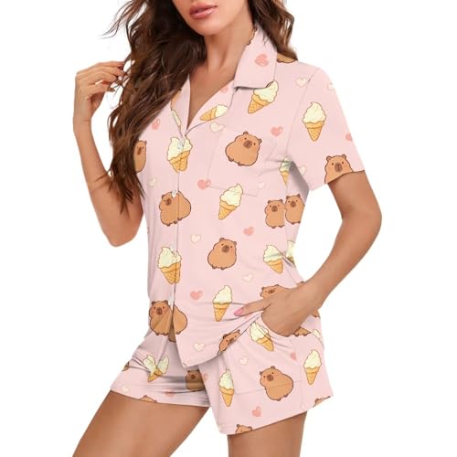 Image of Women's Short Sleeve Sleepwear Button 2 Piece Plus Size Pajamas Casual Soft Stretchy Funny Nightwear with Pockets