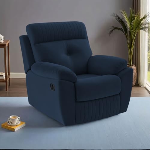 Image of Adorn India Premium Majestic 1 Seater Recliner Manual Sofa Chair | Blue Suede Velvet Fabric | Soft Padded Back Rest & Handrest | Living Room Recliner Chair | 3 Years Warranty
