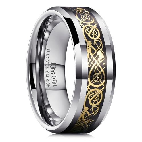 King Will Men's Dragon Celtic Tungsten Ring, 5/6/7/8mm Widths, Polished Beveled Edge Comfort Fit Carbide Wedding Band Promise Rings Size 4-16