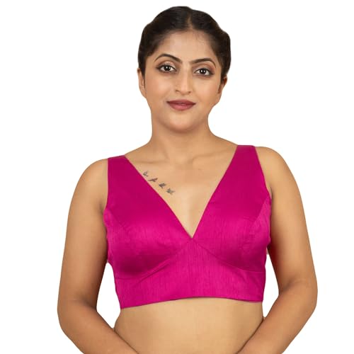 Image of FIGURE'S DESIGNER Women's Dupion Raw Silk Sleeveless V Neck Sabyasachi Cut Readymade Saree Blouse Padded Stitched S4