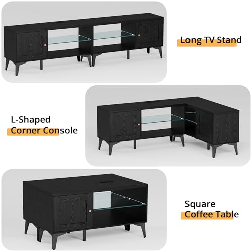 Image of LIKIMIO 2-in-1 TV Stand for 85 Inch TV, Black TV Consoles with LED Lights | 2 Storage Cabinets & Adjustable Glass Shelves, with Charging Station, TV Table for Living Room & Bedroom