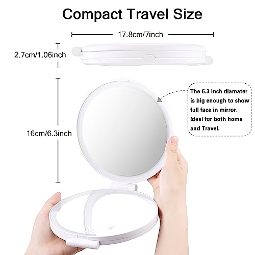 Travel Mirror With Light, 6.3" Magnifying Mirror 5X/1X, Funtopia Rechargeable Makeup Vanity Mirror With Magnification, Portable Led Compact Mirror, Double Sided Folding Cosmetic Mirror, 3 Colors Light #TOP3