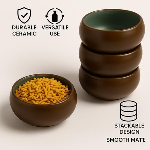 Image of Freakway Handcrafted Ceramic Serving Bowls - Set of 4 | Dual Tone (Brown & Teal) | 150 ml Each | Microwave & Dishwasher Safe