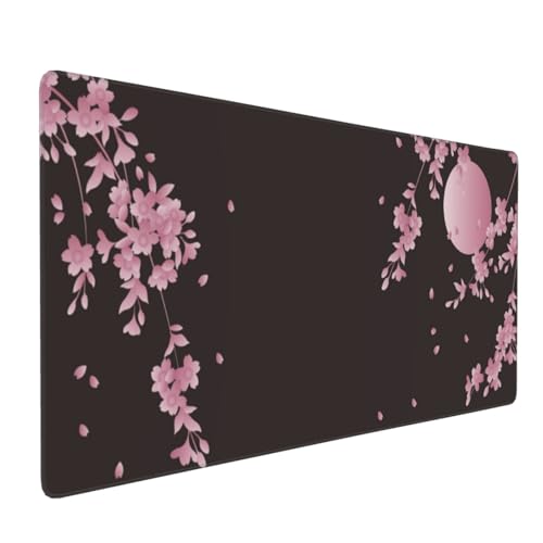 Sakura Cherry Blossom Extended Gaming Mouse Pad Non-Slip Rubber Base Pink Large Mousepad 35.4×15.7in with Stitched Edge Waterproof Flower Keyboard Pads Black Desk Laptop Mats for Work/Game/Office