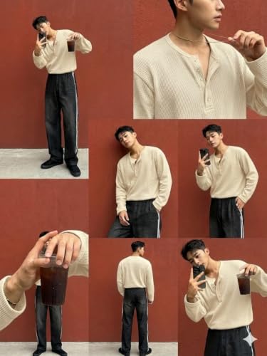 Image of Men's Textured Fabric Solid Half-Open Collar T-Shirt | Full Sleeve, Casual Shirt