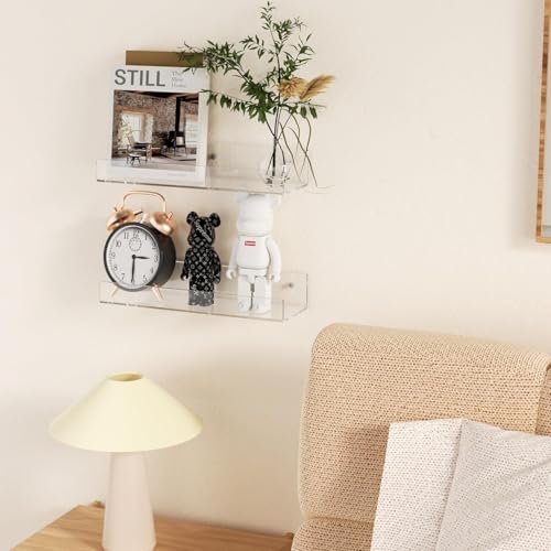 Image of Acrylic Floating Wall Shelves, 15 x 4 x 2.5 in, Clear, Set of 2, Modern Wall Mount Display Shelf (Clear, 12 in, 2)
