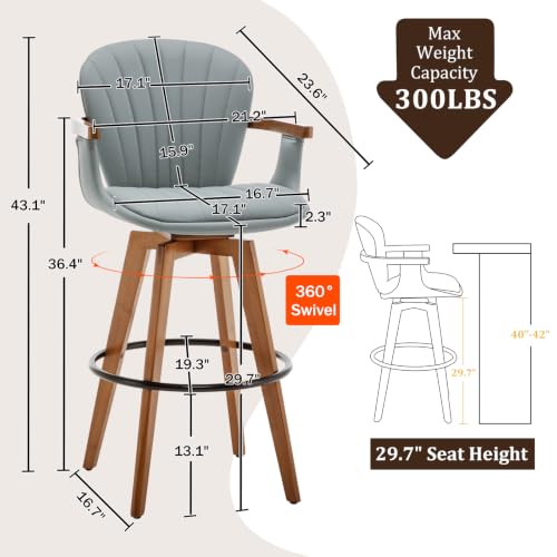 Image of LUNLING 30 inch Bar Height Stools Set of 3.Mid Century Modern Bar Stools,Blue PU Leather Kitchen Island Stools,Wood High Barstools Swivel with Back and Arms for Home Bar Furniture