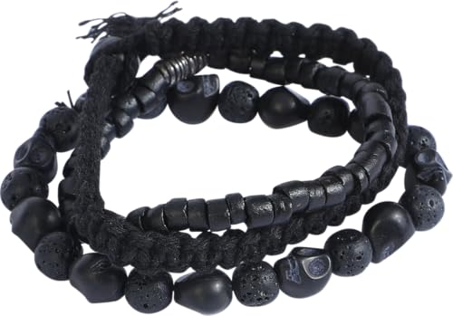 Rock Rebel by EMP Unisex schwarzes Armband Dreier Set - Totenkopf-, Baumwoll- und Perlenarmband Standard