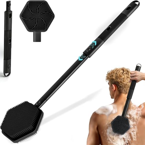 Angju Silicone Body Scrubber for Shower 3-Length Extendable Back Shower Scrubber Brush with Dual-Side Large Brush Head Back Washer Bath Dry Brush with Strong Long Handle & Rich Foaming Bristles