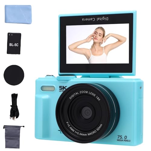 Camnoon Cámara Digital 5K con Tarjeta de Memoria de 64GB, Cámara Vlog 75MP 18X, Pantalla Plegable 3 Pulgadas y 180 Grados, Lente Macro Gran Angular 52 Mm y 0,45X