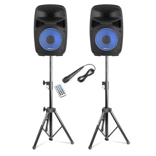 Altavoces Disco 8 400W Bluetooth LED – Juego con Altavoz Activo y pasivo, micrófono de Mano, Soportes Ajustables 1.5m, USB SD y Control Remoto – Set Completo para Fiestas y Karaoke