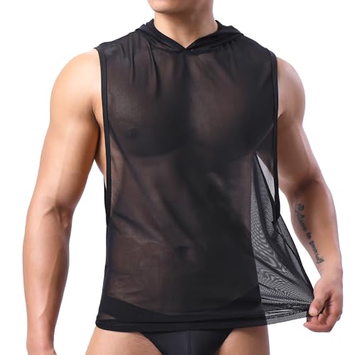 QiaTi Men's Mesh See-Through Undershirts Hooded Sleeveless T-Shirts Sexy Sport Fitness Vests Loose Stretchy Breathable Daily Tank Tops for Men