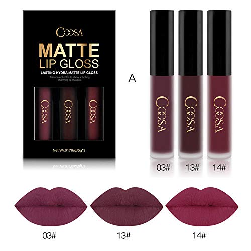 Coosa 3Pcs Of 3 Colors Madly Matte Lipstick Non-Stick Cup Waterproof Lipgloss-Set A #TOP1