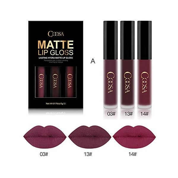 COOSA 3PCS of 3 Colors Madly MATTE Lipstick Non-stick Cup Waterproof Lipgloss-Set A