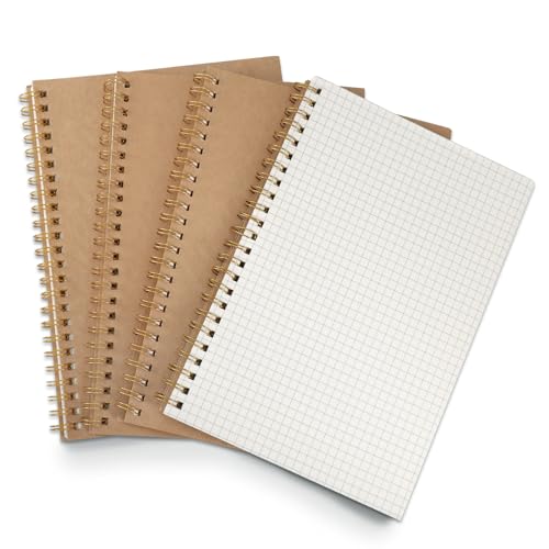 JIANTA 4 Pcs Squared Spiral Notebook A5, Graph Paper Notebooks, 100 Pages/50 Blank Sheets Kraft Cover Grid Wirebound Notebook Journal for Home School Office