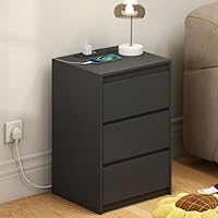 YOSHOOT Bedside Table, Nightstand with 3 Drawers and Power Station, Modern End Table, Wooden Storage Side Cabinet for Living Room Bedroom, 40 * 35 * 59.5cm (Black)