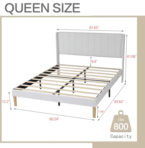 Image of AGARTT Upholstered Platform Bed Frame Queen Size, White Linen