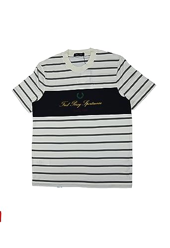 Image of Fred Perry London Mens Unisex M8642 Embroidered 100% Cotton Striped T Shirt in Cream and Grey Stripes Size Large