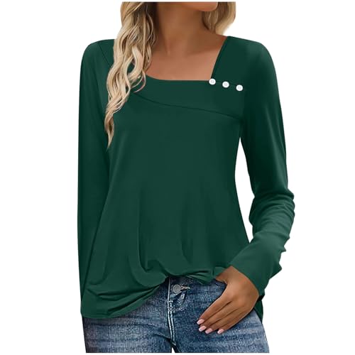 Image of Womens Sweatshirt Hoodie Long Sleeve Soft Ladies Top Slanted Collar Button Up Loose Fitting Tunic Army Green Tops Activewear Solid Color Casual V Neck Pullover