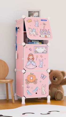 Image of BOXJOY 6 Shelf Plastic Kids Wardrobe with 3 Doors, Sticker Sheet & Holder