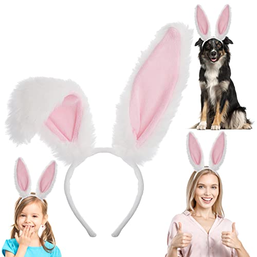 Sibba Bunny Ears Headband Cute Easter Plush Rabbit Ears Hairbands Cosplay Costume Fancy Dress Up Accessories Hair Styling Party Favor Decoration Fluffy Headpiece Christmas Party Adults White&Pink