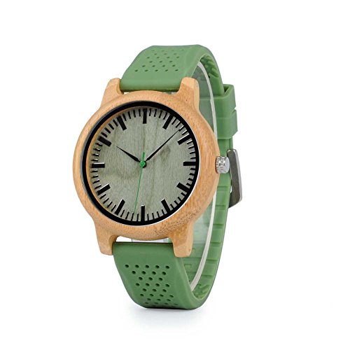 Image of BOBO BIRD Mens Womens 44mm Natural Bamboo Wooden Watch Unisex Japan Analog Quartz Green Silicone Strap Sports Casual Watches with Gift Box