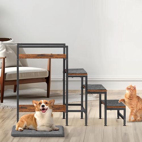 CADUKE Hundetreppe für Bett, robuste Katzentreppe aus Metall und Holz, 4 Stufen Haustiertreppe für alte Katzen, kleine Hunde, Braun und Schwarz, 33 x 85 x 63cm