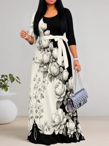 Image of PinkPatty Plus Size Maxi Dress for Women Casual V Neck 3 /4 Sleeve Boho Printed Long Dress with Pockets