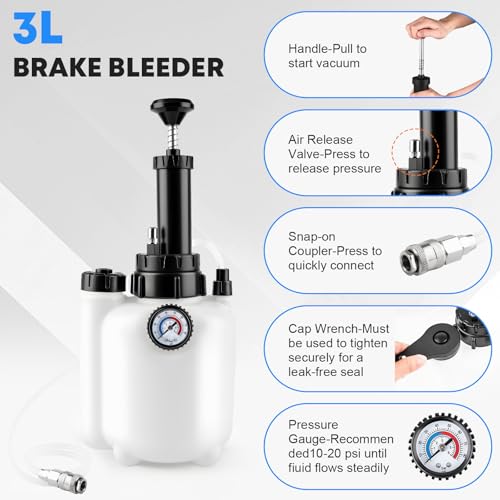 Cupbunny 3L Brake Fluid Bleeder Kit with 1L Catch Bottle, Manual Pressure Brake Bleeder Tool One Person Brake Bleeding Kit with 4 Master Cylinder Adapters for Brake and Clutch System Flush by Cupbunny - Image 3
