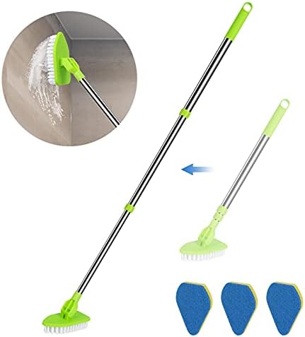 JDNOZW 2 in 1 Scrub Cleaning Brush with 37” Long Extendable Handle,1 Stiff Bristle and 3 Sponge Brushes, Lightweigh Detachable Shower Scrubber for Cleaning Bathroom Shower Bathtub Glass Tile Floor
