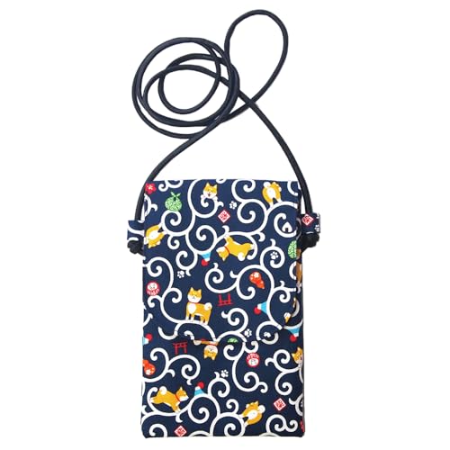 [京佑] 日本製 スマホショルダー 軽い 犬 携帯 綿 サコッシュ フタ付き スマホ ポシェット 縁起屋 柴犬 紺