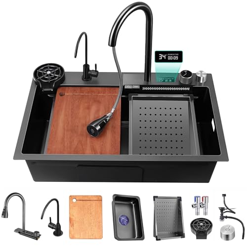 TULAZOU Évier de cuisine, en acier inoxydable, cascade, avec robinet extensible et autres accessoires, 75 x 45 cm