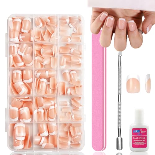 French False Nails Short - 240Pcs Square Press On Nails Kit for Women Girls - Fake Nails with White Tip, Stick on & Glue on Full Cover - French Manicure Decorations