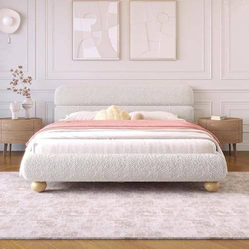 MERITLINE Queen Boucle Bed Frame, Teddy Fleece Upholstered Platform Bed with Curved Shaped Headboard, Round Solid Wood Legs, No Box Spring Needed, White