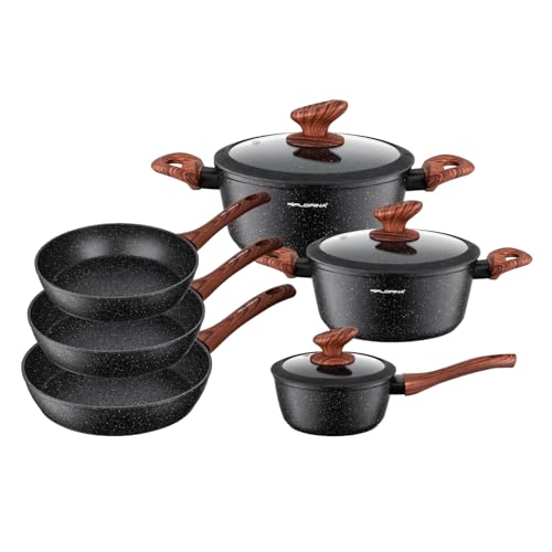 FLORINA MASTER BLACK Juego de Ollas y Sartenes | Set 6 piezas | Aluminio de calidad | Tapas de vidrio templado | Inducción, gas, eléctrico, cerámica | Lavavajillas | Juego completo de cocina