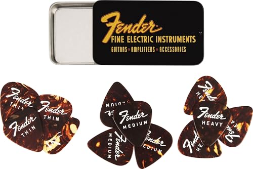 Fender Fine Electric Pick Tin, 12 Celluloid Plektren im 351 Shape, 3 Stärken Mix, Sammlerbox, Tortoise Shell Design, Plektren für E-Gitarre und Akustikgitarre