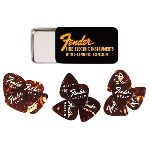 Fender «FINE ELECTRIC PICK TIN» Púas en Caja de Coleccionista - 12 Piezas, Celuloide, Forma 351, 3 Grosores, Color Tortoise Shell Sunburst